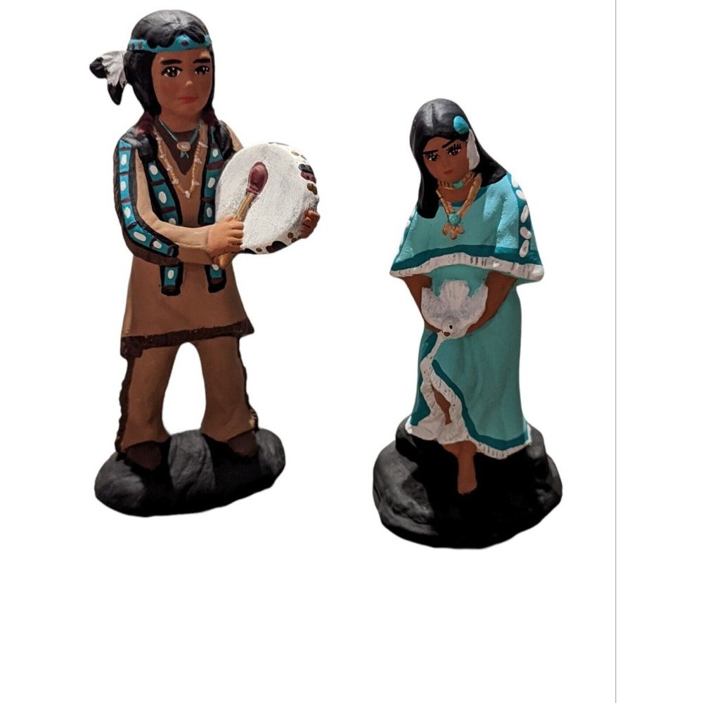 Native American Indian Ceramic Boy & Girl Drum Dove Turquoise